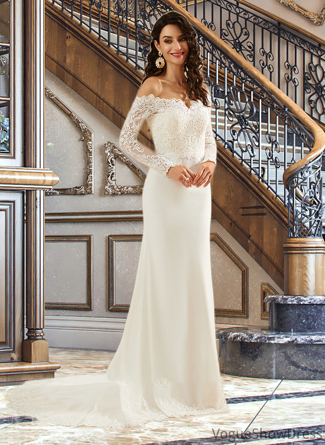 Kate Trumpet/Mermaid Off-the-Shoulder Court Train Wedding Dress With Lace DLP0013680