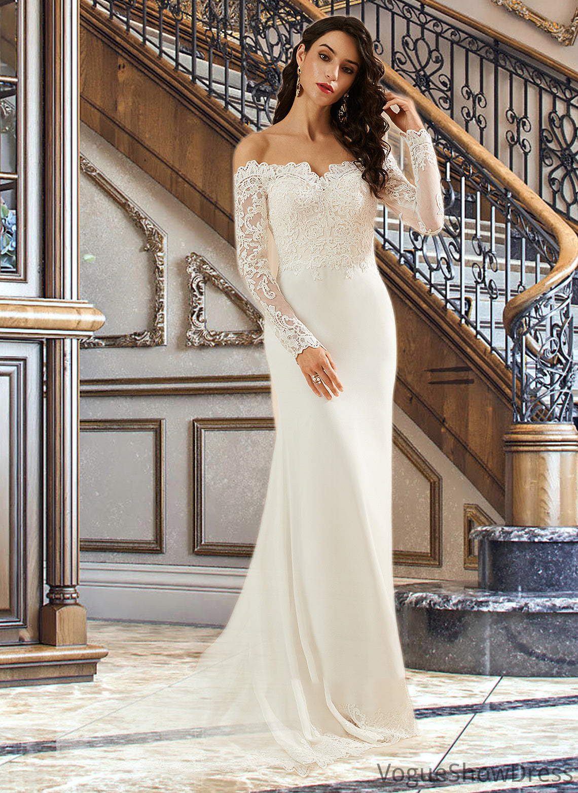 Kate Trumpet/Mermaid Off-the-Shoulder Court Train Wedding Dress With Lace DLP0013680