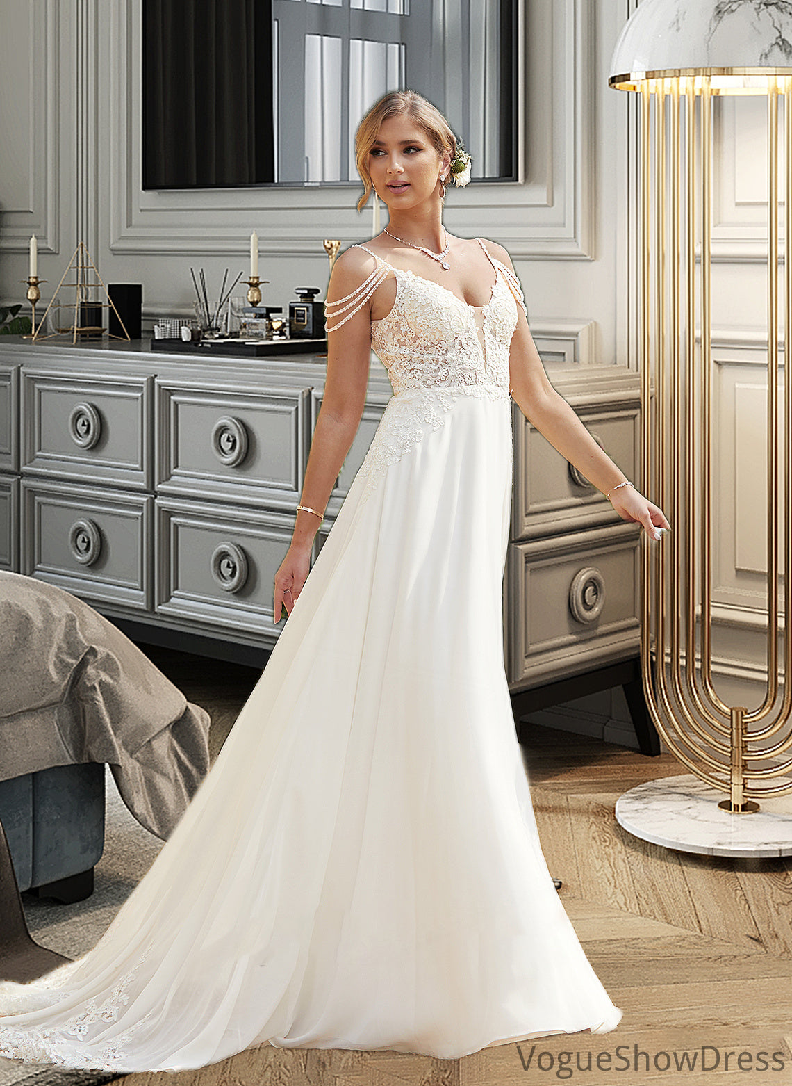 Leila A-Line V-neck Sweep Train Chiffon Lace Wedding Dress With Beading Sequins DLP0013681