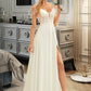 Leila A-Line V-neck Sweep Train Chiffon Lace Wedding Dress With Beading Sequins DLP0013681