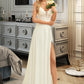 Leila A-Line V-neck Sweep Train Chiffon Lace Wedding Dress With Beading Sequins DLP0013681