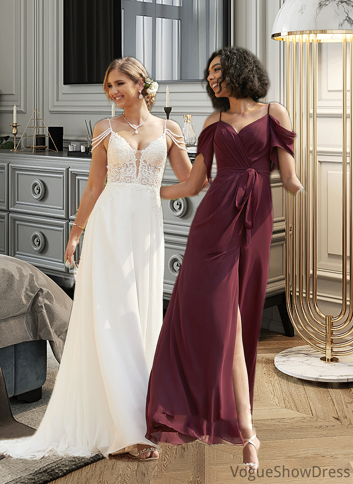 Leila A-Line V-neck Sweep Train Chiffon Lace Wedding Dress With Beading Sequins DLP0013681