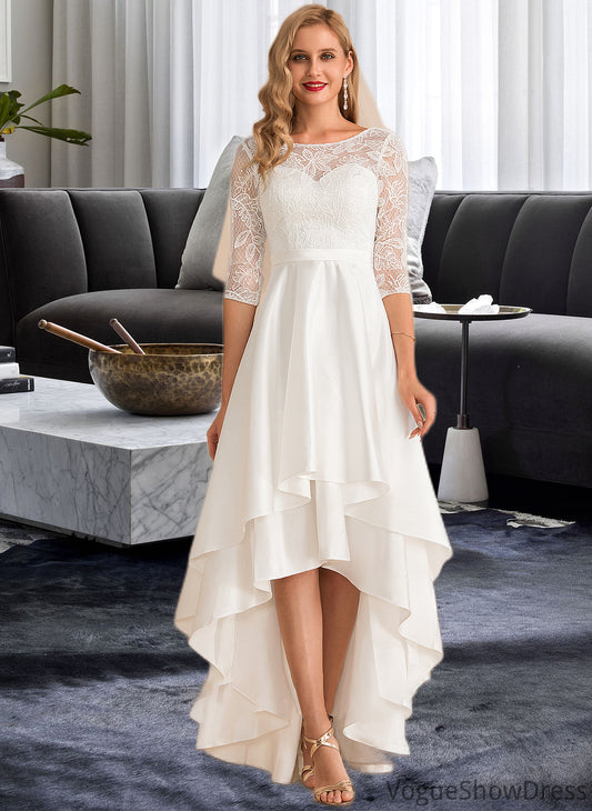 Nicole A-Line Scoop Neck Asymmetrical Satin Lace Wedding Dress DLP0013684