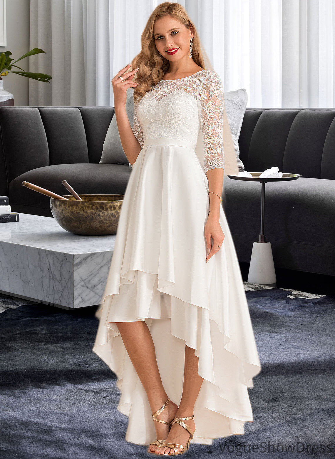 Nicole A-Line Scoop Neck Asymmetrical Satin Lace Wedding Dress DLP0013684