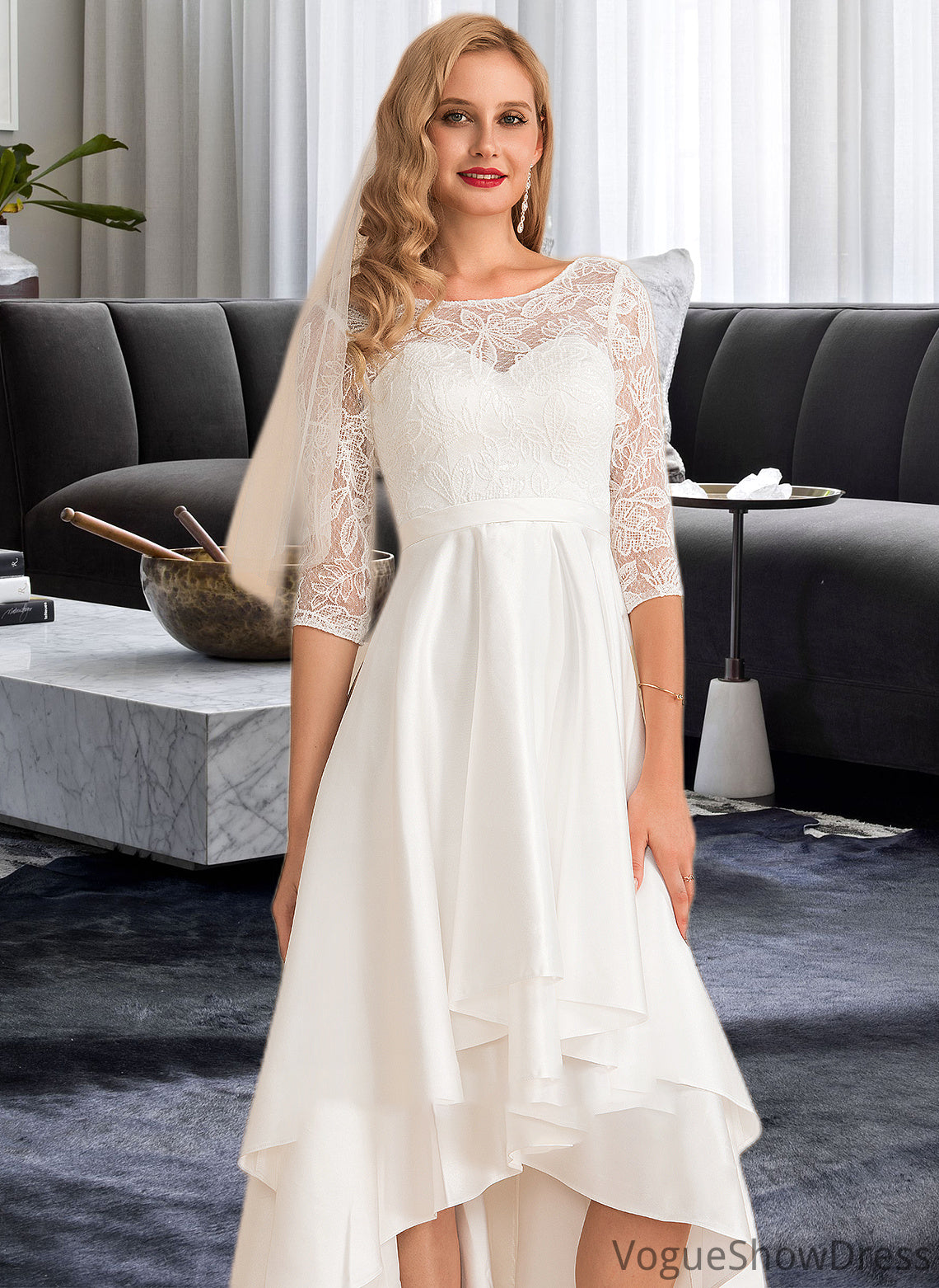 Nicole A-Line Scoop Neck Asymmetrical Satin Lace Wedding Dress DLP0013684