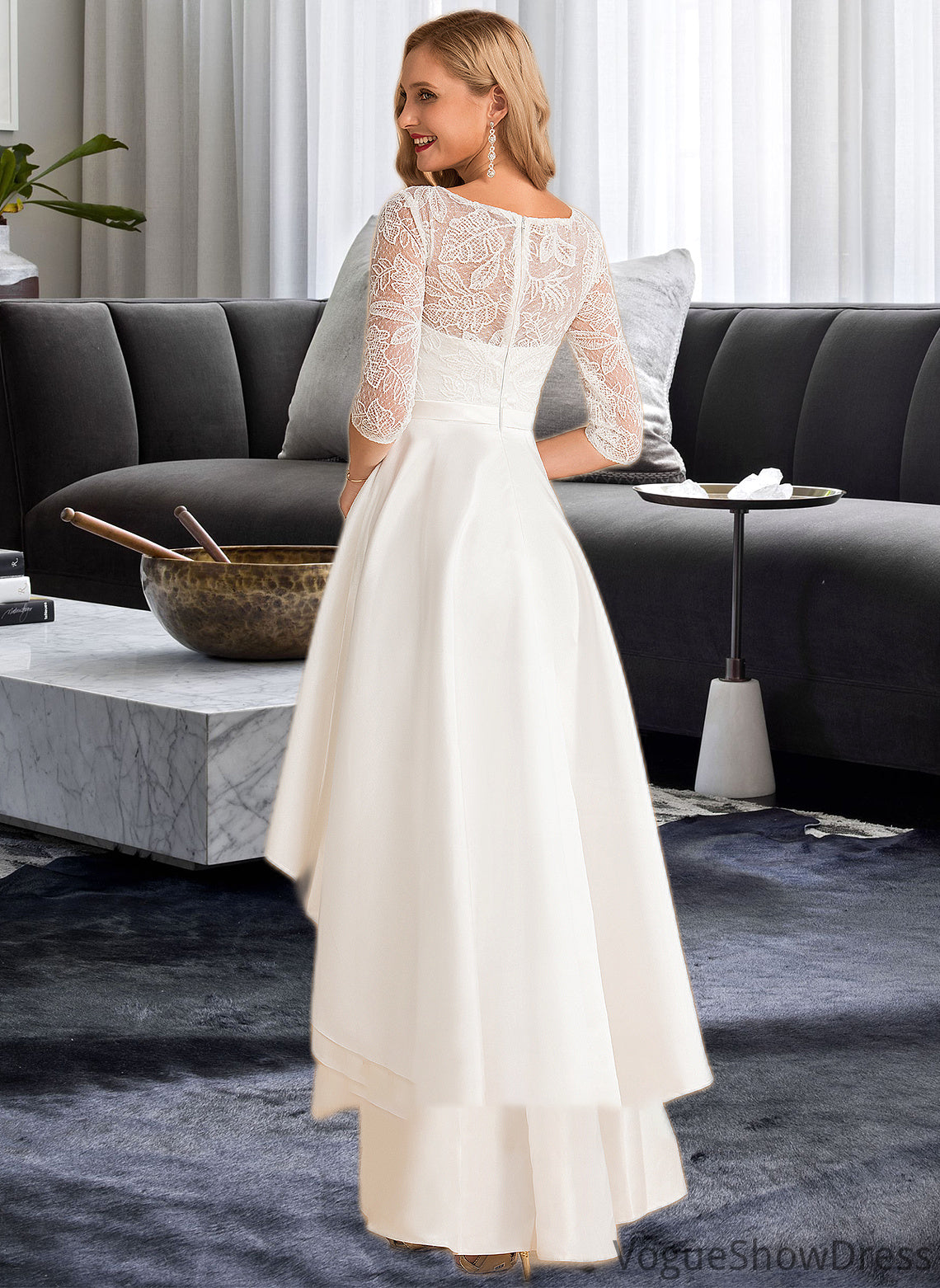 Nicole A-Line Scoop Neck Asymmetrical Satin Lace Wedding Dress DLP0013684