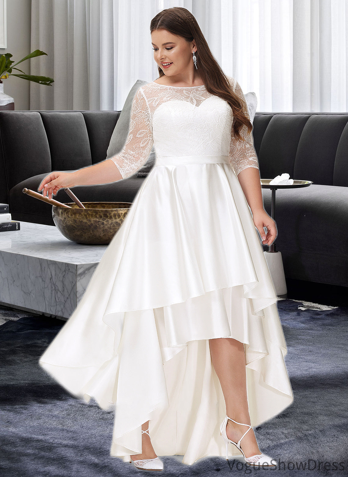 Nicole A-Line Scoop Neck Asymmetrical Satin Lace Wedding Dress DLP0013684