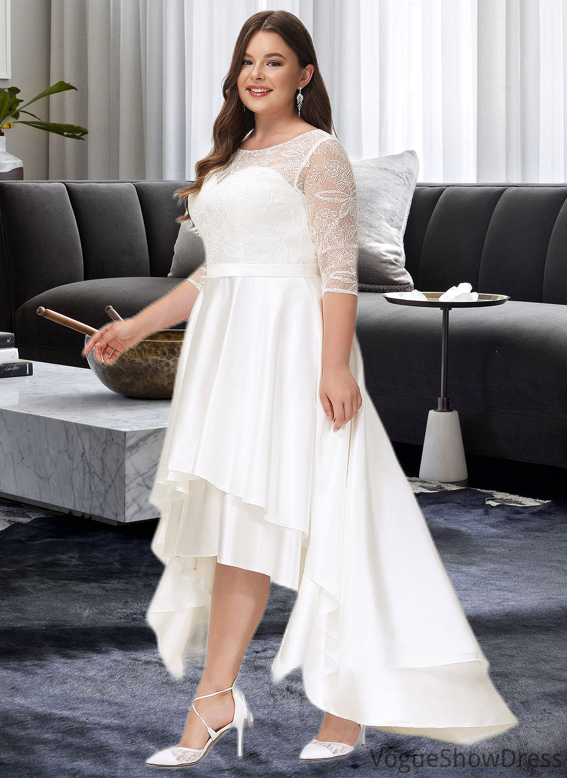 Nicole A-Line Scoop Neck Asymmetrical Satin Lace Wedding Dress DLP0013684