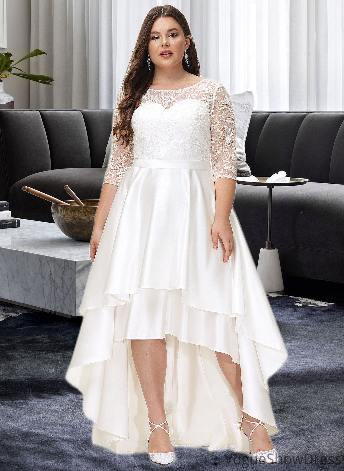 Nicole A-Line Scoop Neck Asymmetrical Satin Lace Wedding Dress DLP0013684