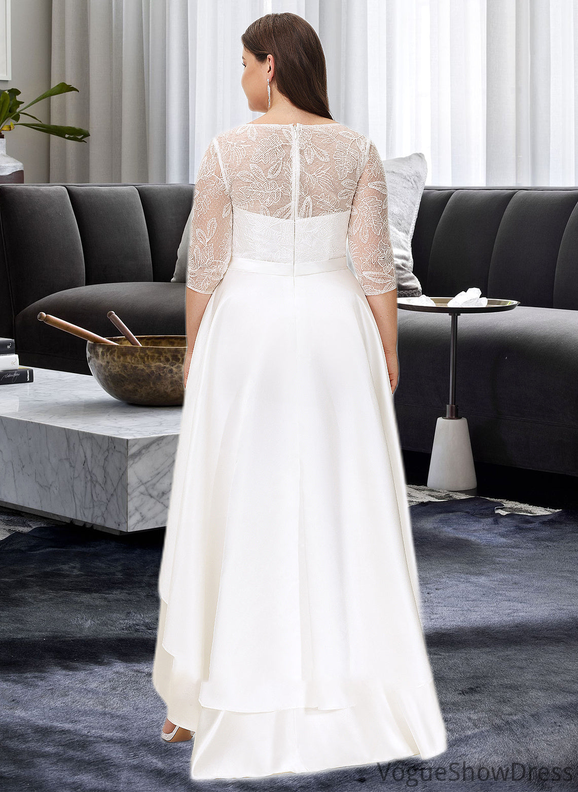 Nicole A-Line Scoop Neck Asymmetrical Satin Lace Wedding Dress DLP0013684