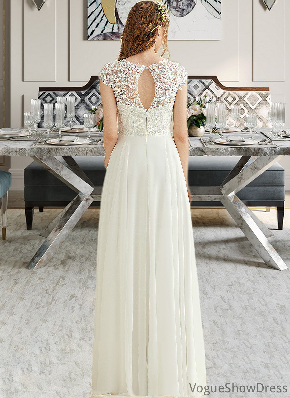 Laura A-Line Floor-Length Chiffon Lace Wedding Dress DLP0013687