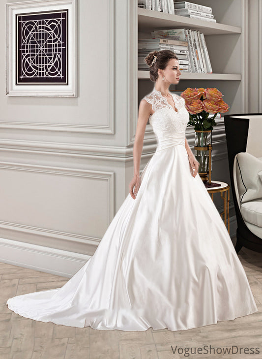 Anastasia Ball-Gown/Princess V-neck Court Train Satin Lace Wedding Dress With Ruffle DLP0013688