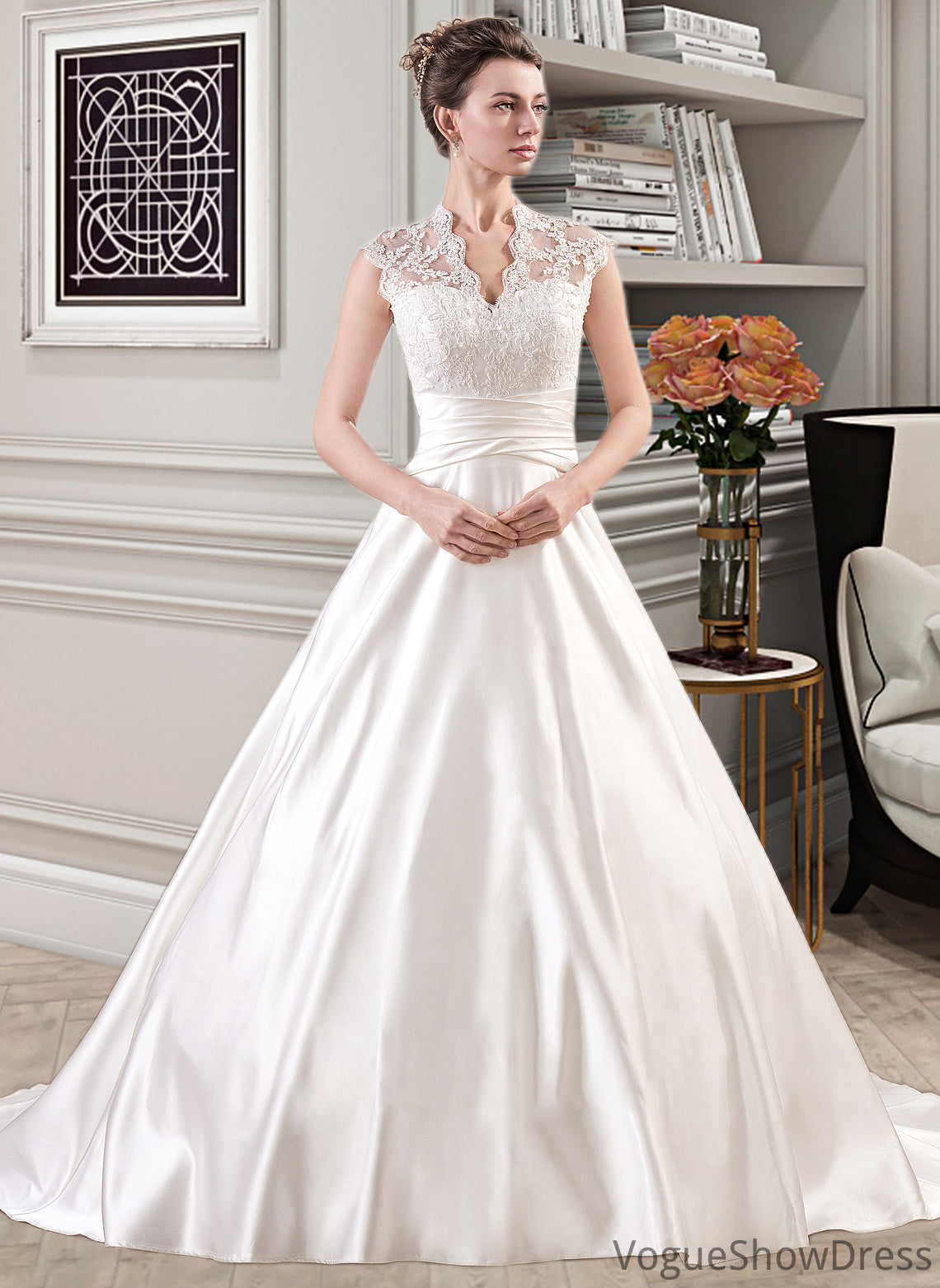 Anastasia Ball-Gown/Princess V-neck Court Train Satin Lace Wedding Dress With Ruffle DLP0013688