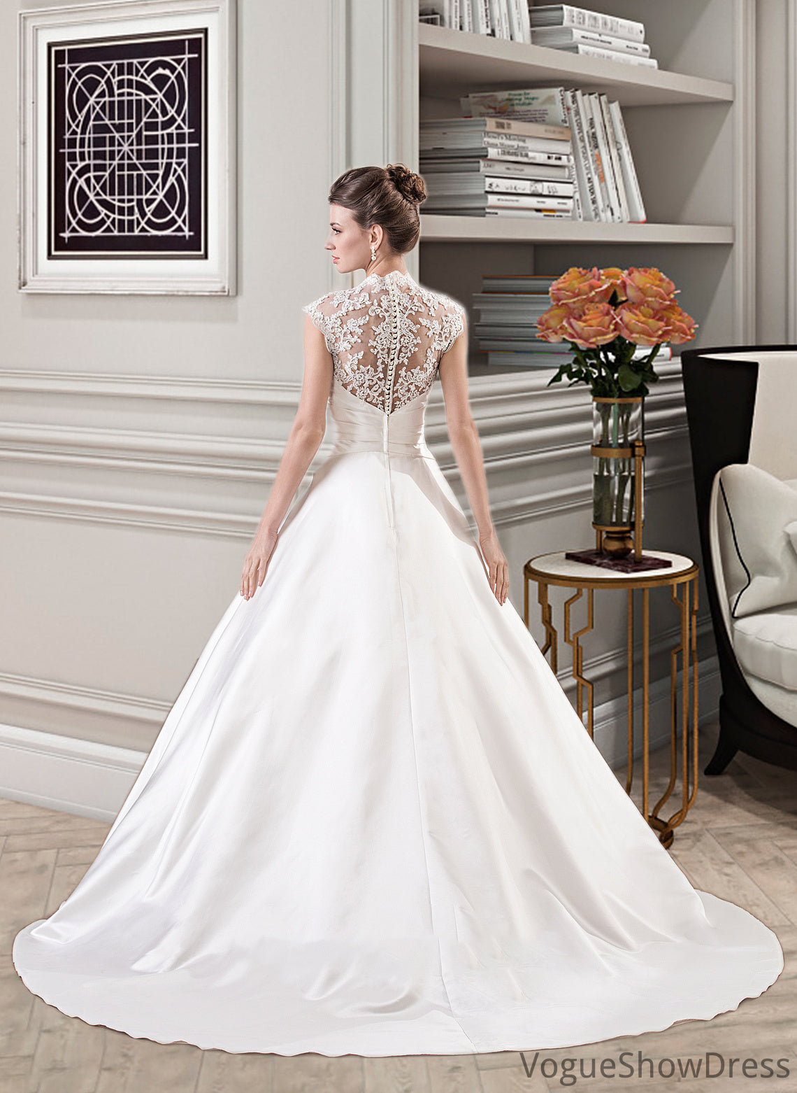 Anastasia Ball-Gown/Princess V-neck Court Train Satin Lace Wedding Dress With Ruffle DLP0013688