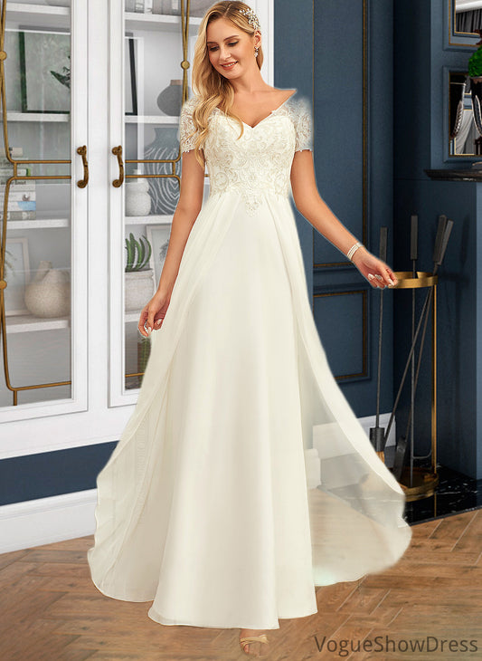 Lilith A-Line V-neck Floor-Length Chiffon Lace Wedding Dress With Lace DLP0013691