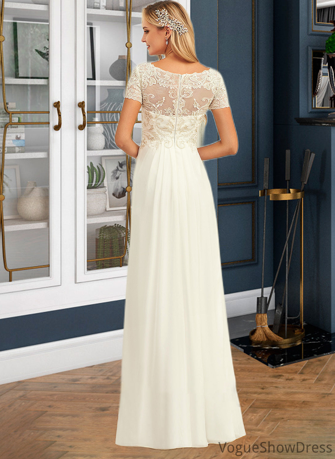 Lilith A-Line V-neck Floor-Length Chiffon Lace Wedding Dress With Lace DLP0013691