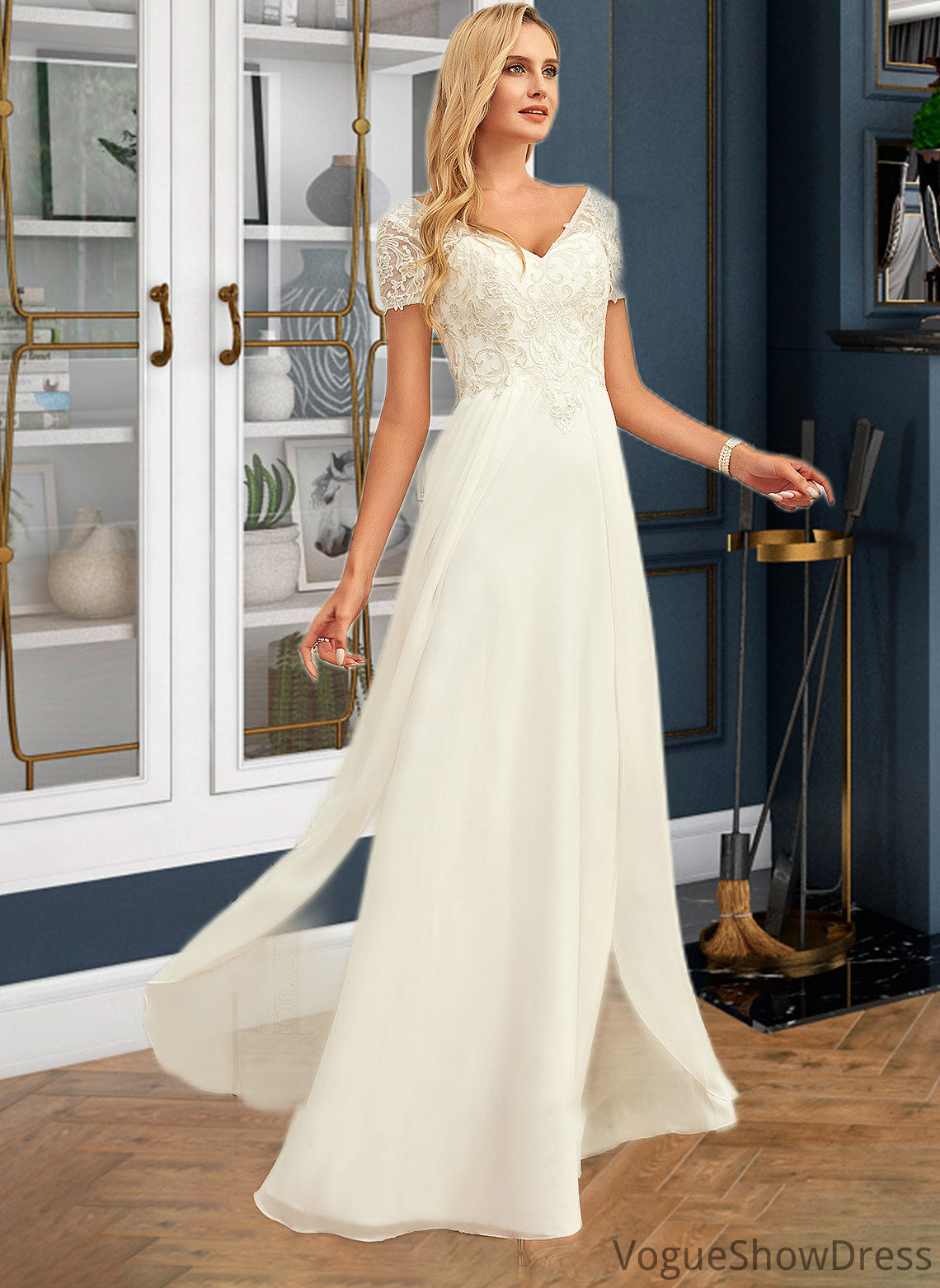 Lilith A-Line V-neck Floor-Length Chiffon Lace Wedding Dress With Lace DLP0013691