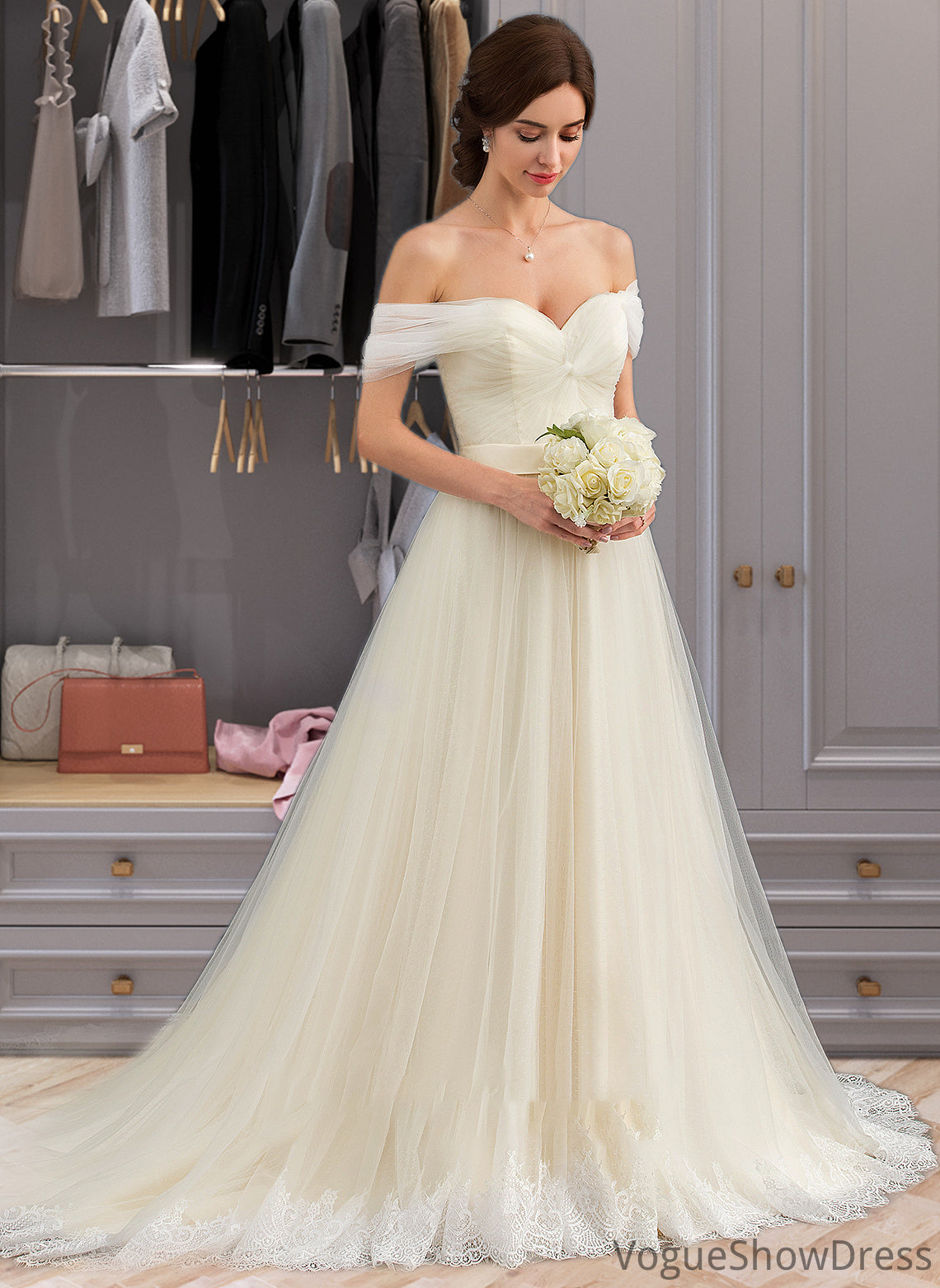 Sarai Ball-Gown/Princess Off-the-Shoulder Court Train Tulle Lace Wedding Dress With Ruffle DLP0013692