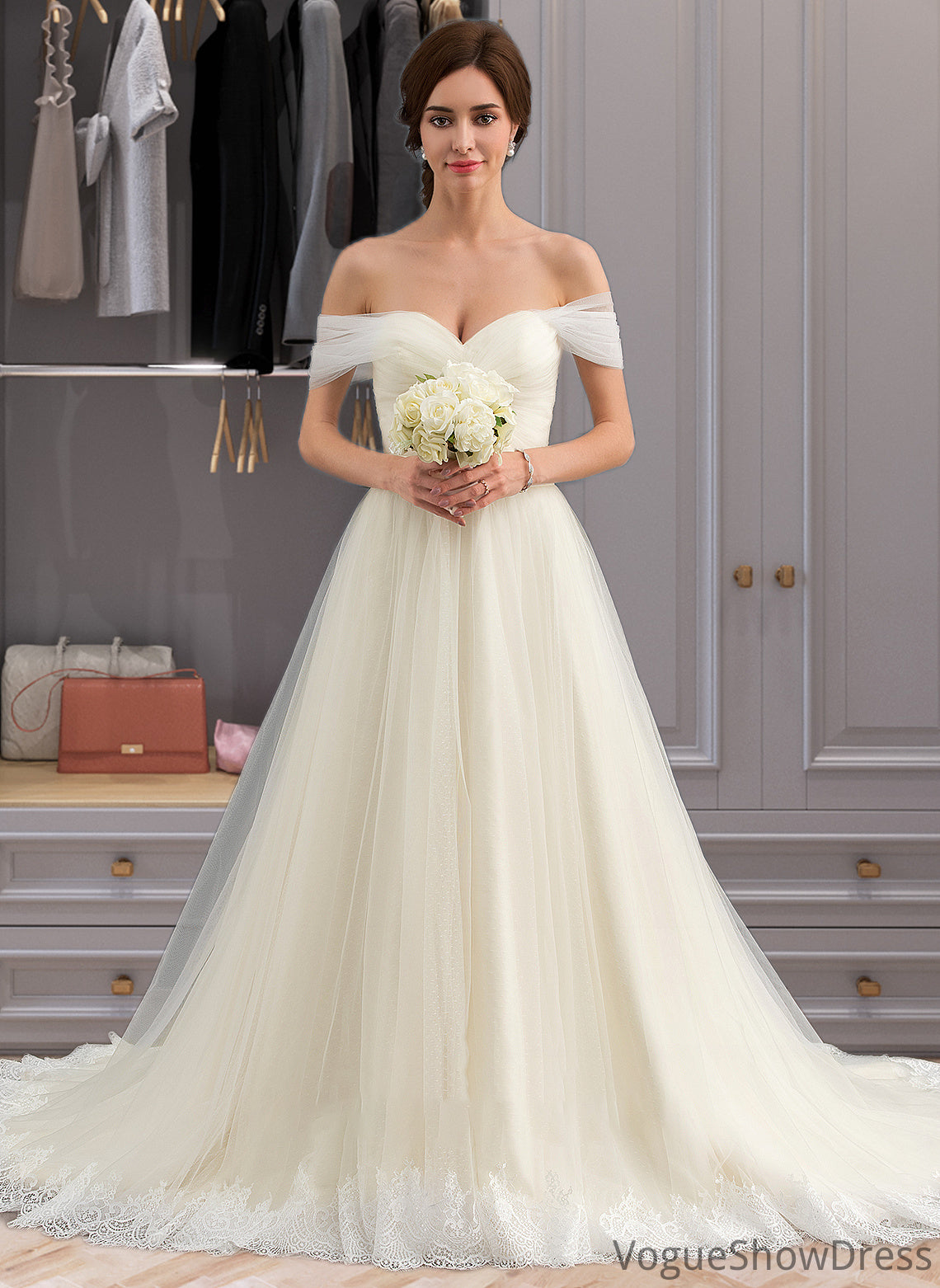 Sarai Ball-Gown/Princess Off-the-Shoulder Court Train Tulle Lace Wedding Dress With Ruffle DLP0013692