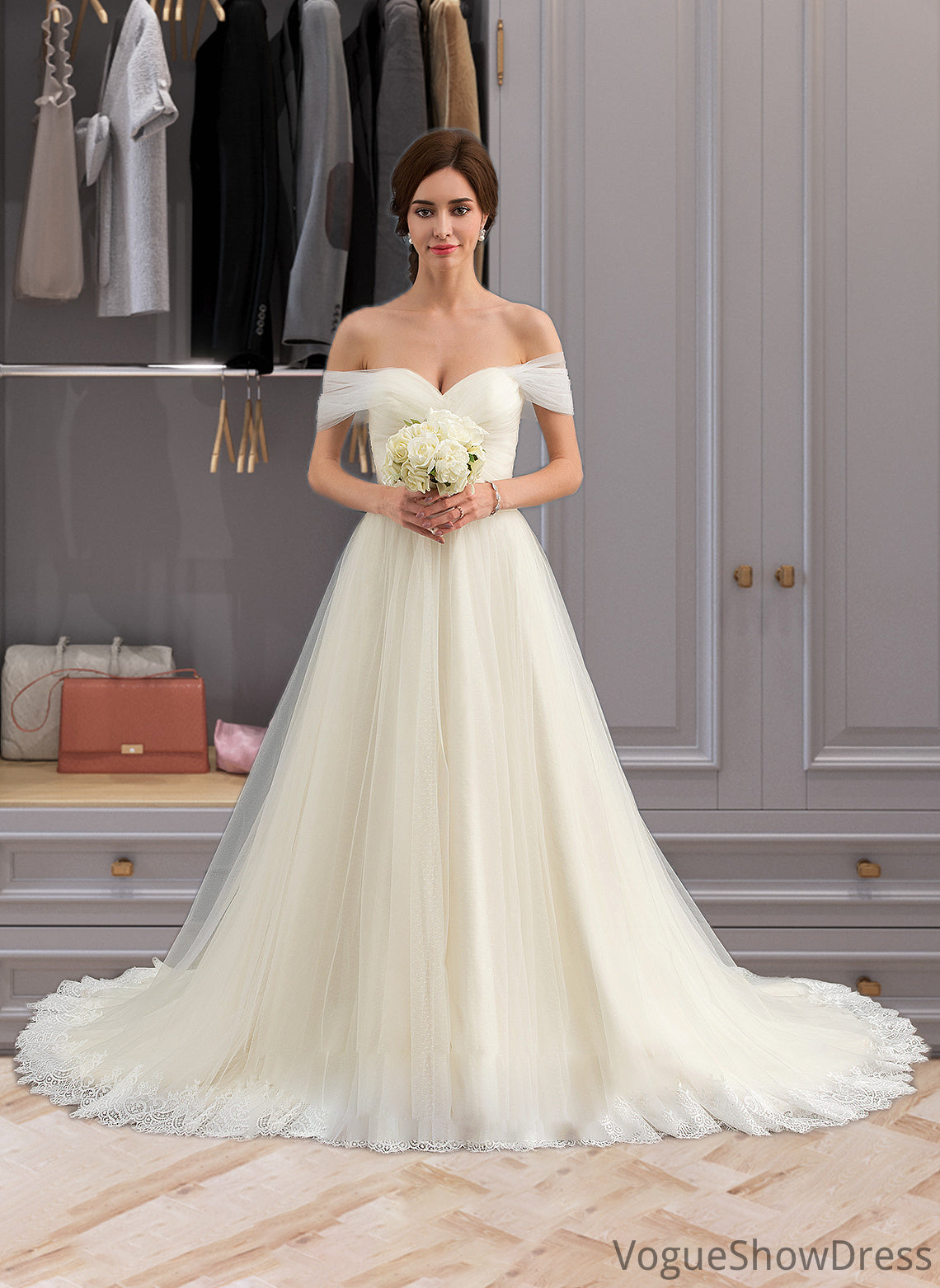 Sarai Ball-Gown/Princess Off-the-Shoulder Court Train Tulle Lace Wedding Dress With Ruffle DLP0013692