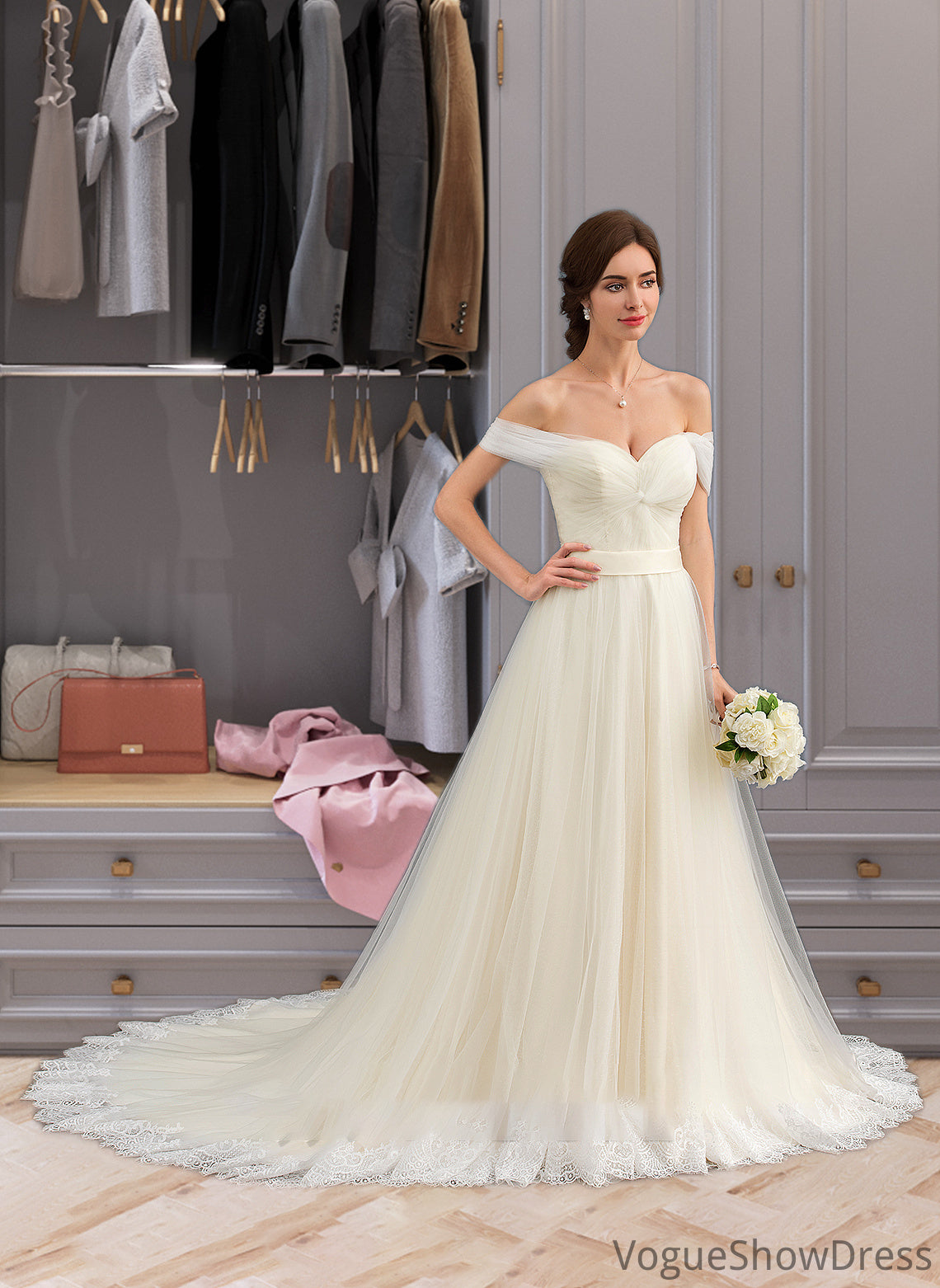 Sarai Ball-Gown/Princess Off-the-Shoulder Court Train Tulle Lace Wedding Dress With Ruffle DLP0013692