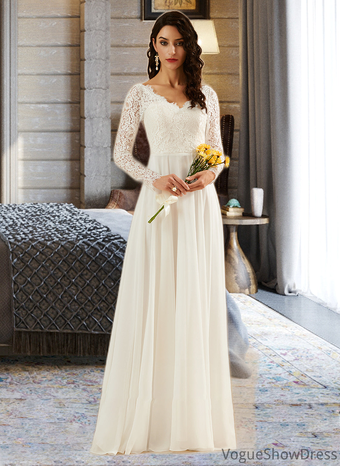 Mayra A-Line V-neck Sweep Train Wedding Dress With Lace DLP0013696