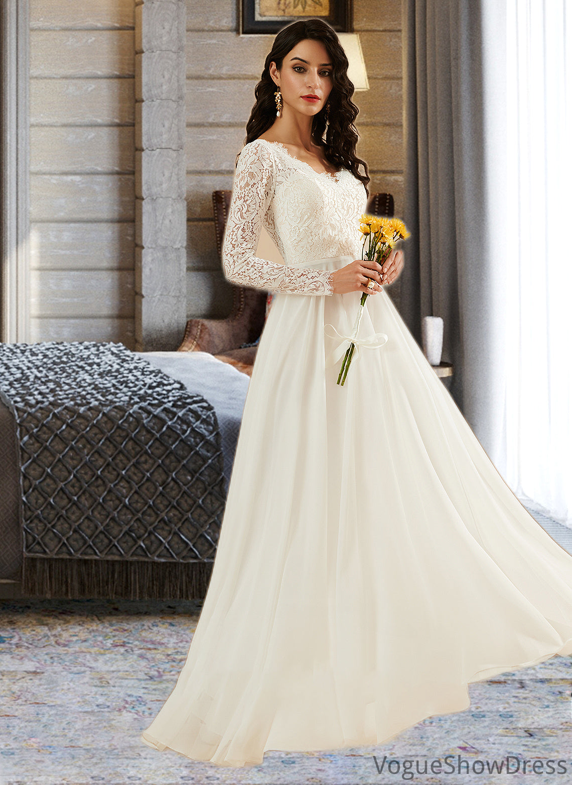 Mayra A-Line V-neck Sweep Train Wedding Dress With Lace DLP0013696