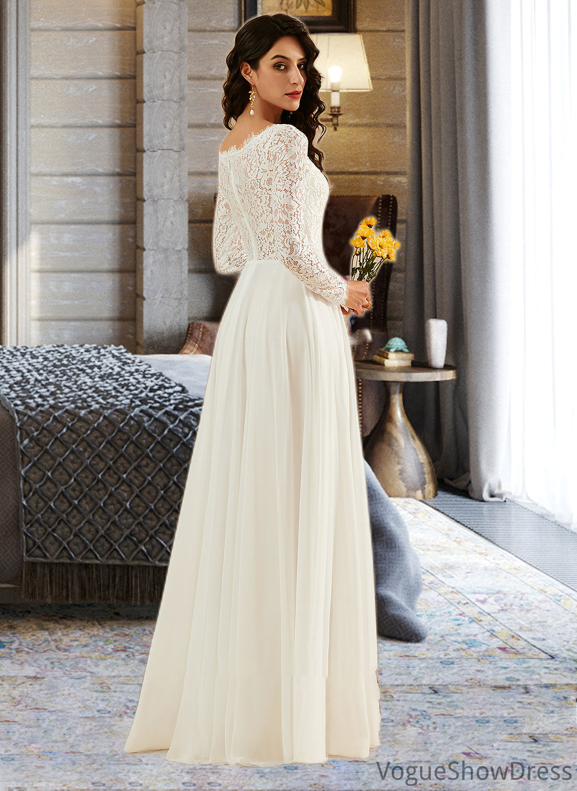 Mayra A-Line V-neck Sweep Train Wedding Dress With Lace DLP0013696