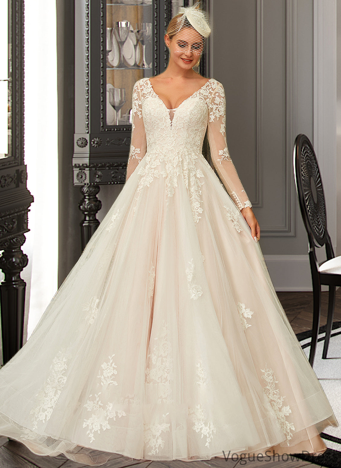 Marlie Ball-Gown/Princess V-neck Sweep Train Tulle Lace Wedding Dress DLP0013698