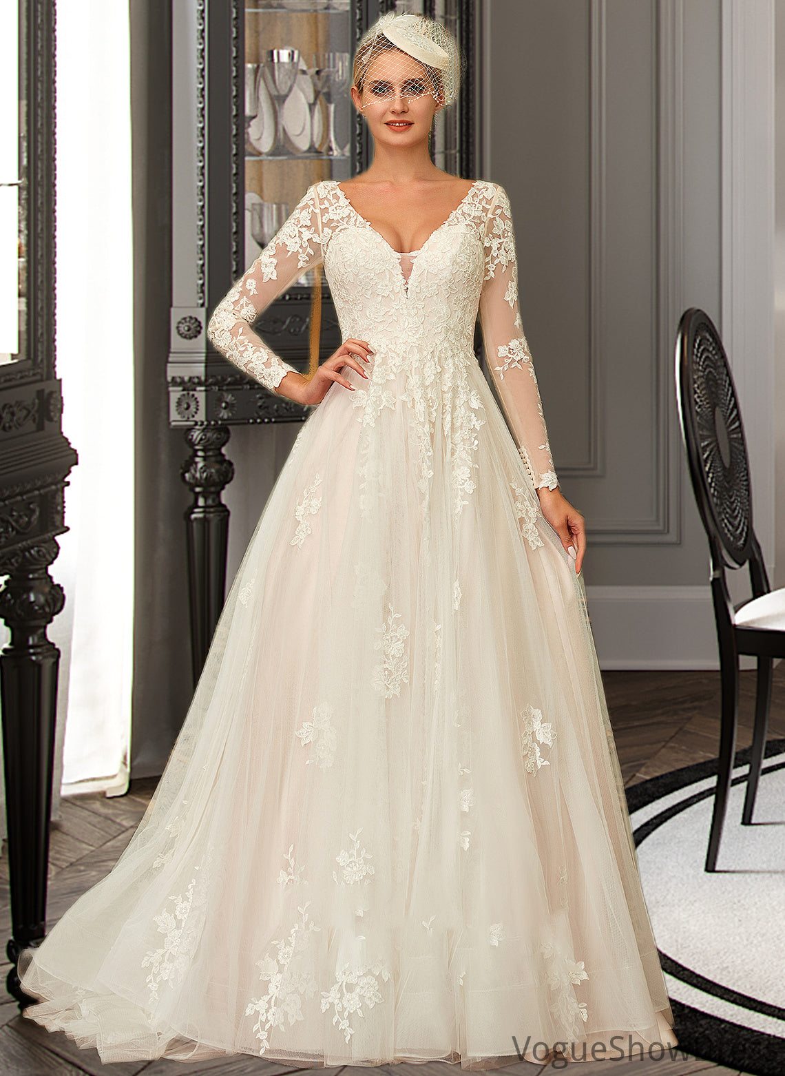 Marlie Ball-Gown/Princess V-neck Sweep Train Tulle Lace Wedding Dress DLP0013698