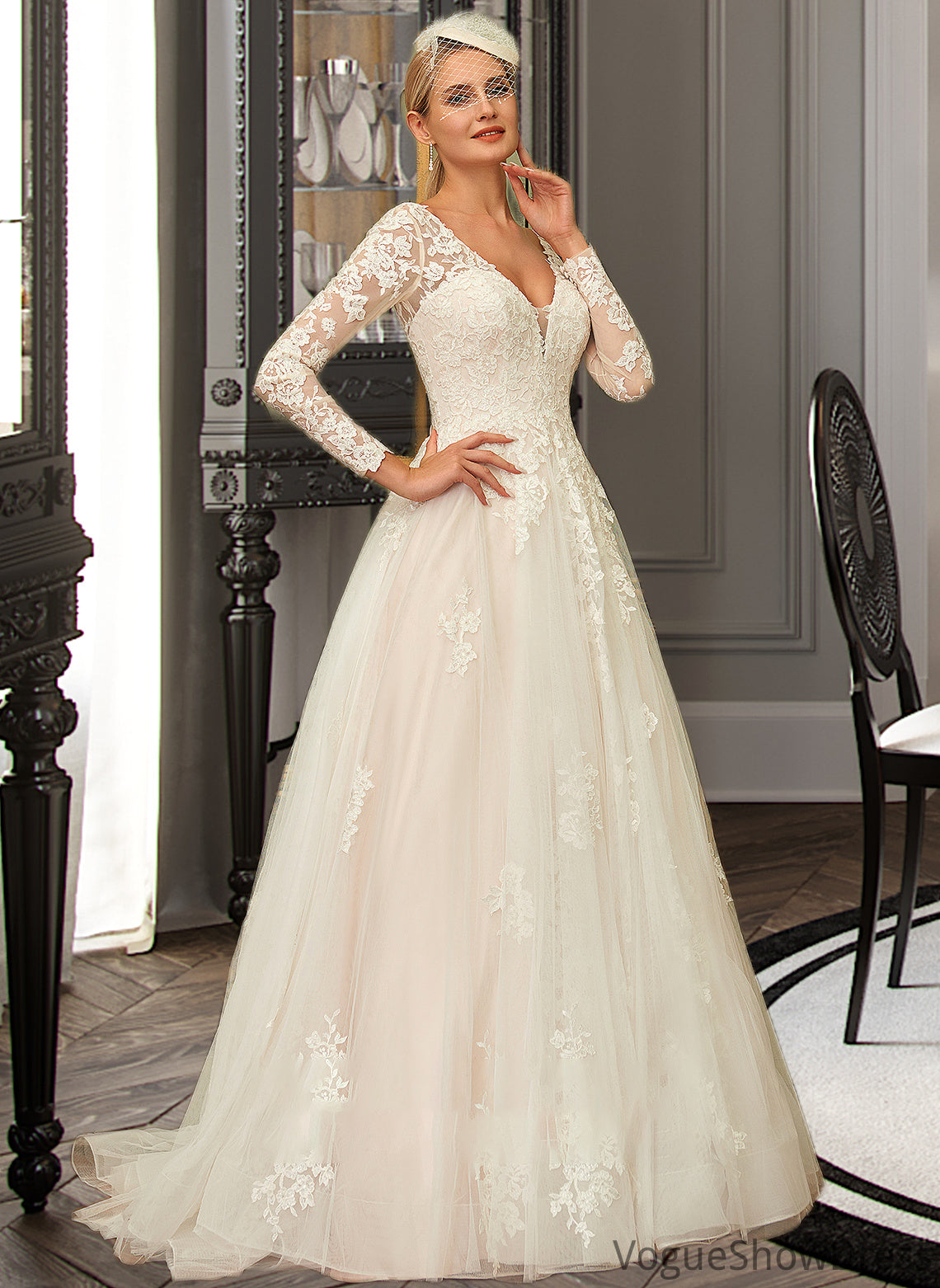 Marlie Ball-Gown/Princess V-neck Sweep Train Tulle Lace Wedding Dress DLP0013698