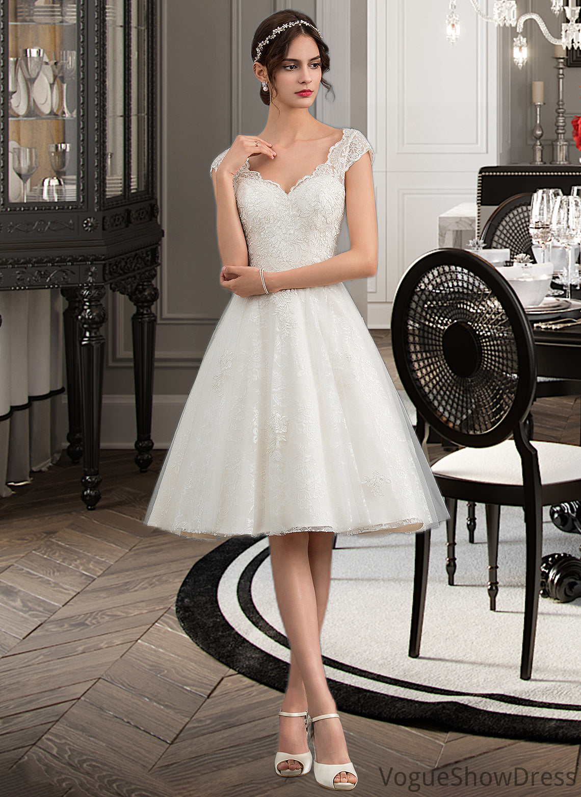 Toni A-Line V-neck Knee-Length Tulle Lace Wedding Dress DLP0013700