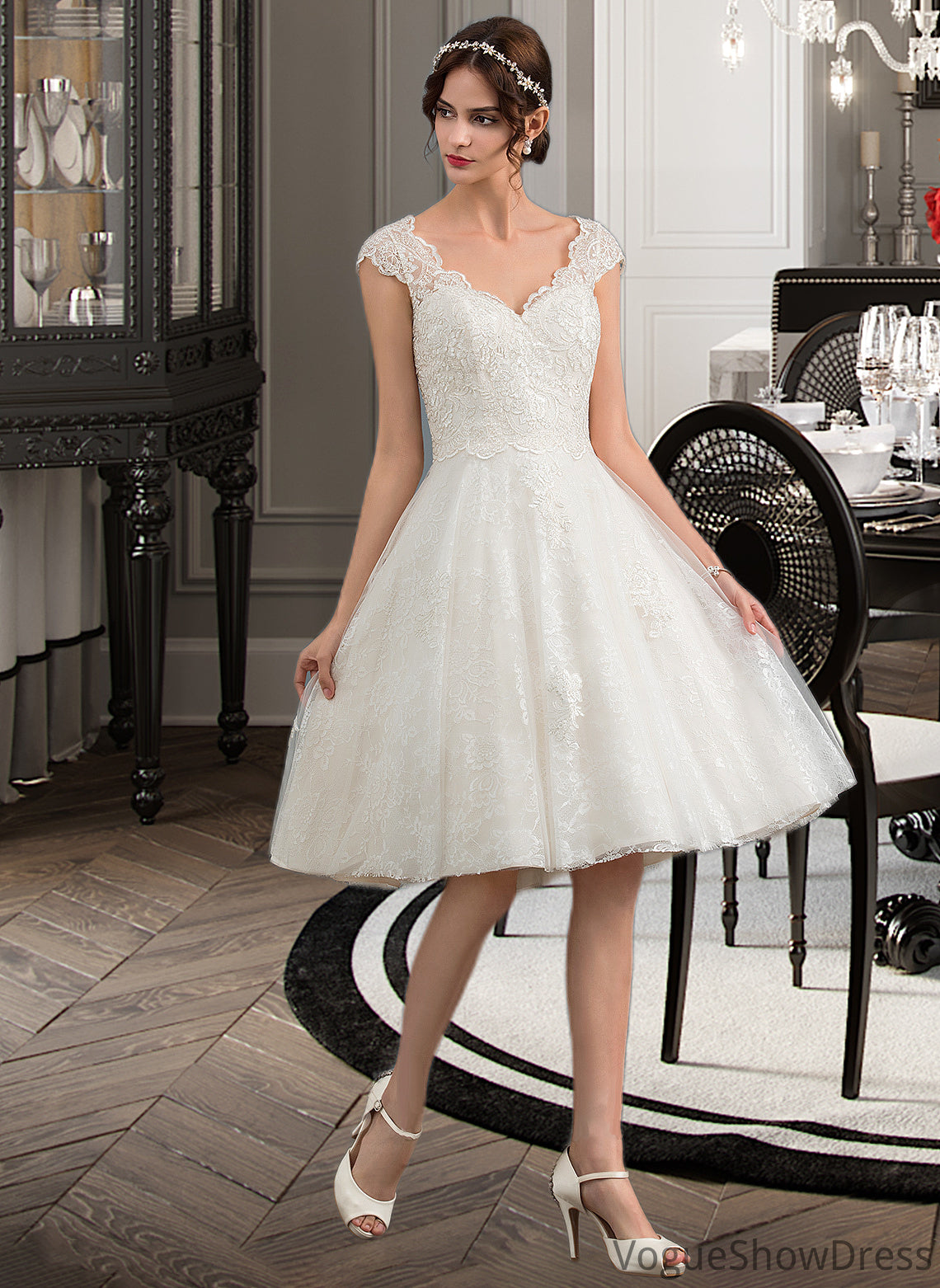 Toni A-Line V-neck Knee-Length Tulle Lace Wedding Dress DLP0013700