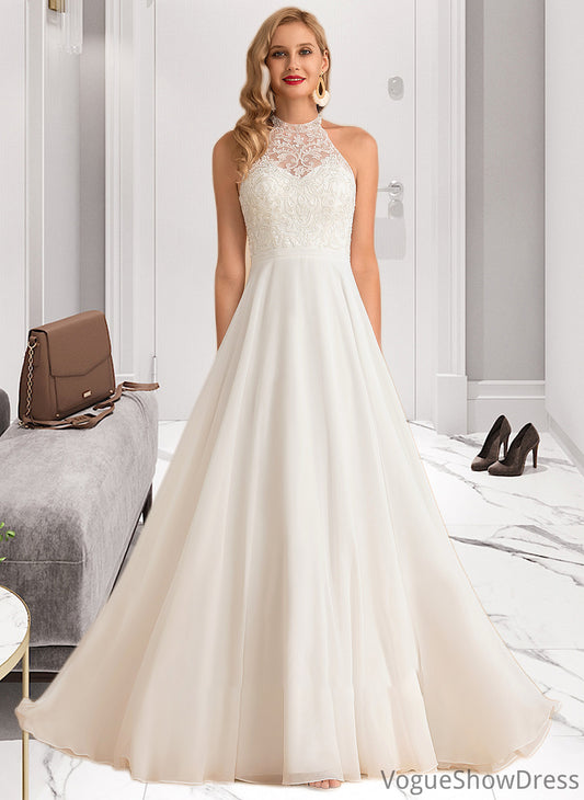 Teresa A-Line High Neck Floor-Length Chiffon Wedding Dress DLP0013702