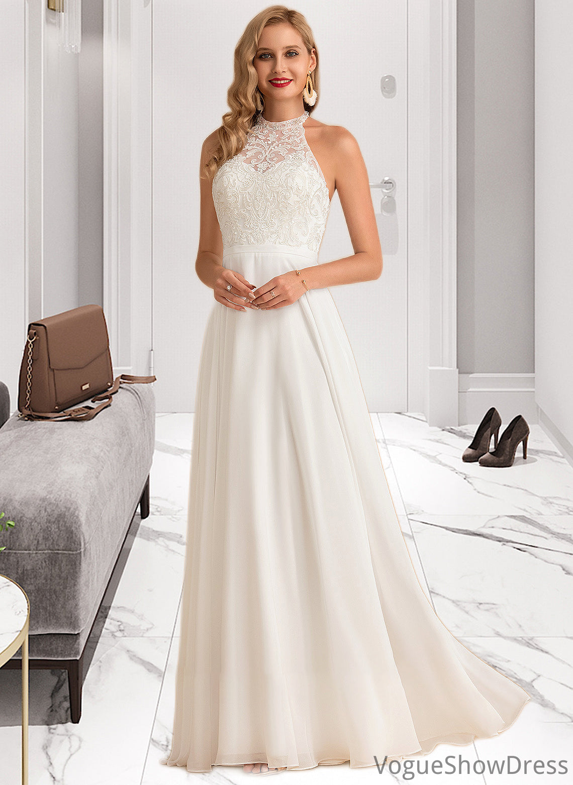 Teresa A-Line High Neck Floor-Length Chiffon Wedding Dress DLP0013702