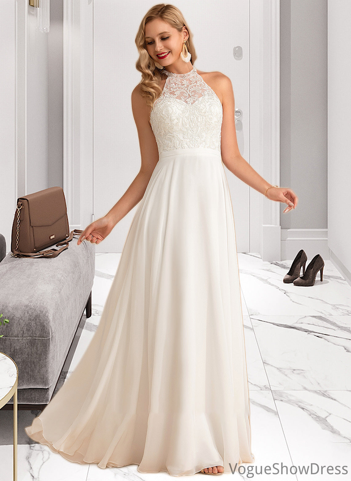 Teresa A-Line High Neck Floor-Length Chiffon Wedding Dress DLP0013702