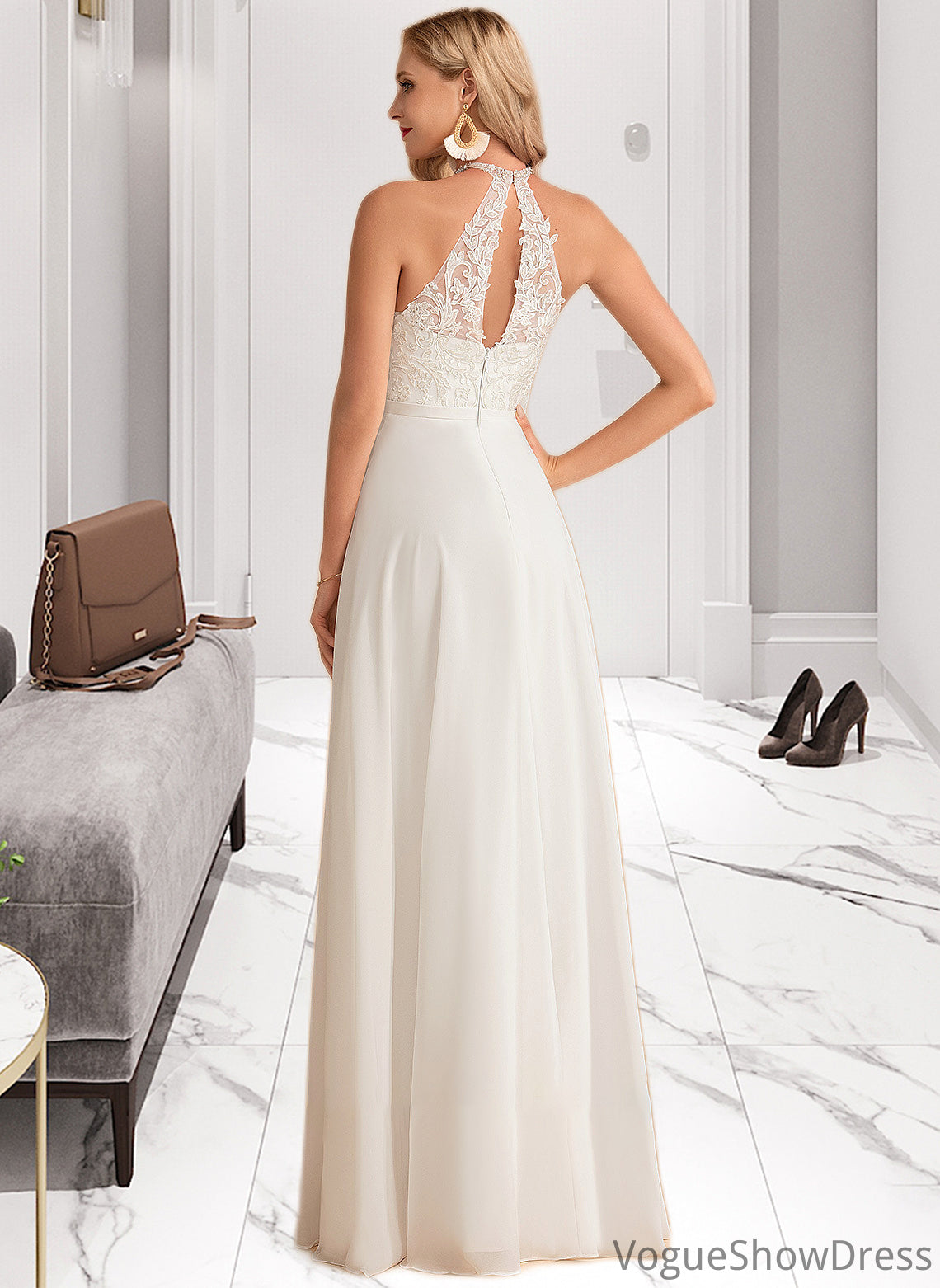 Teresa A-Line High Neck Floor-Length Chiffon Wedding Dress DLP0013702