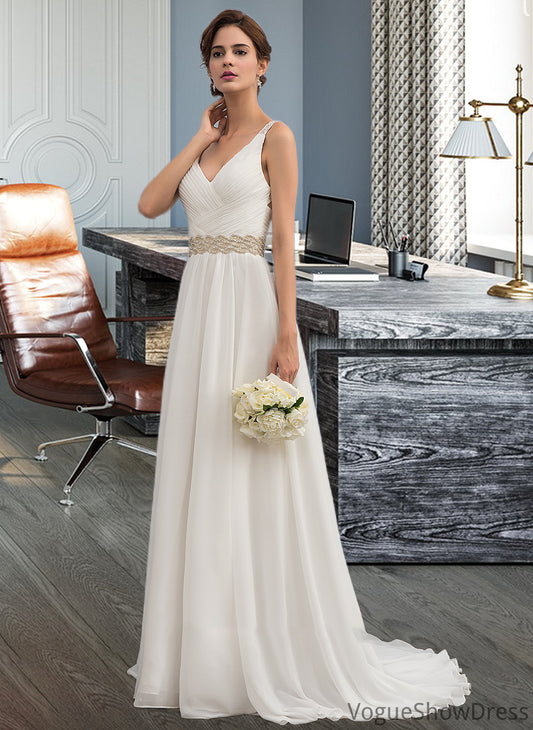 Felicity A-Line V-neck Sweep Train Chiffon Wedding Dress With Ruffle Lace Beading Sequins DLP0013705