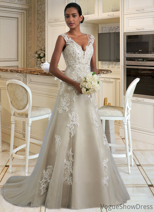 Mira A-Line V-neck Court Train Tulle Lace Wedding Dress With Beading Sequins DLP0013709