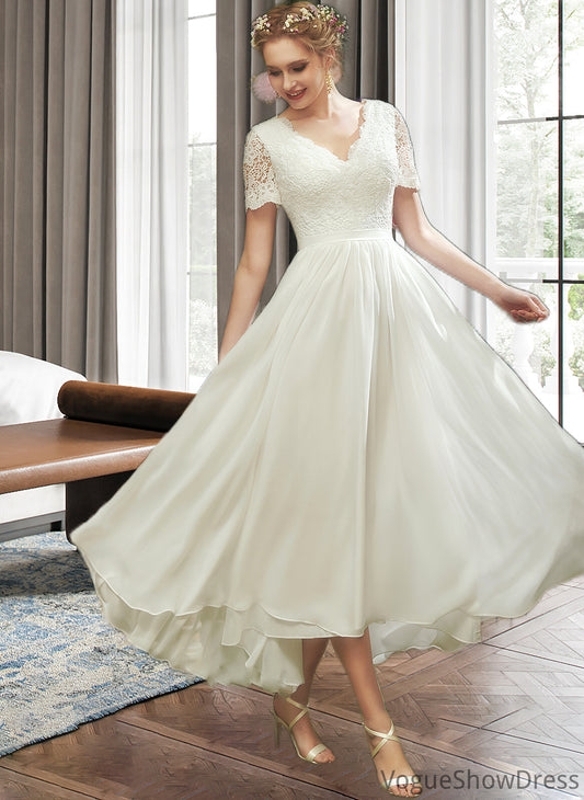 Haleigh A-Line V-neck Asymmetrical Wedding Dress With Lace DLP0013712