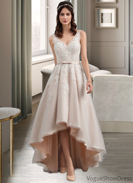 Marlene A-Line V-neck Asymmetrical Tulle Lace Wedding Dress With Bow(s) DLP0013717