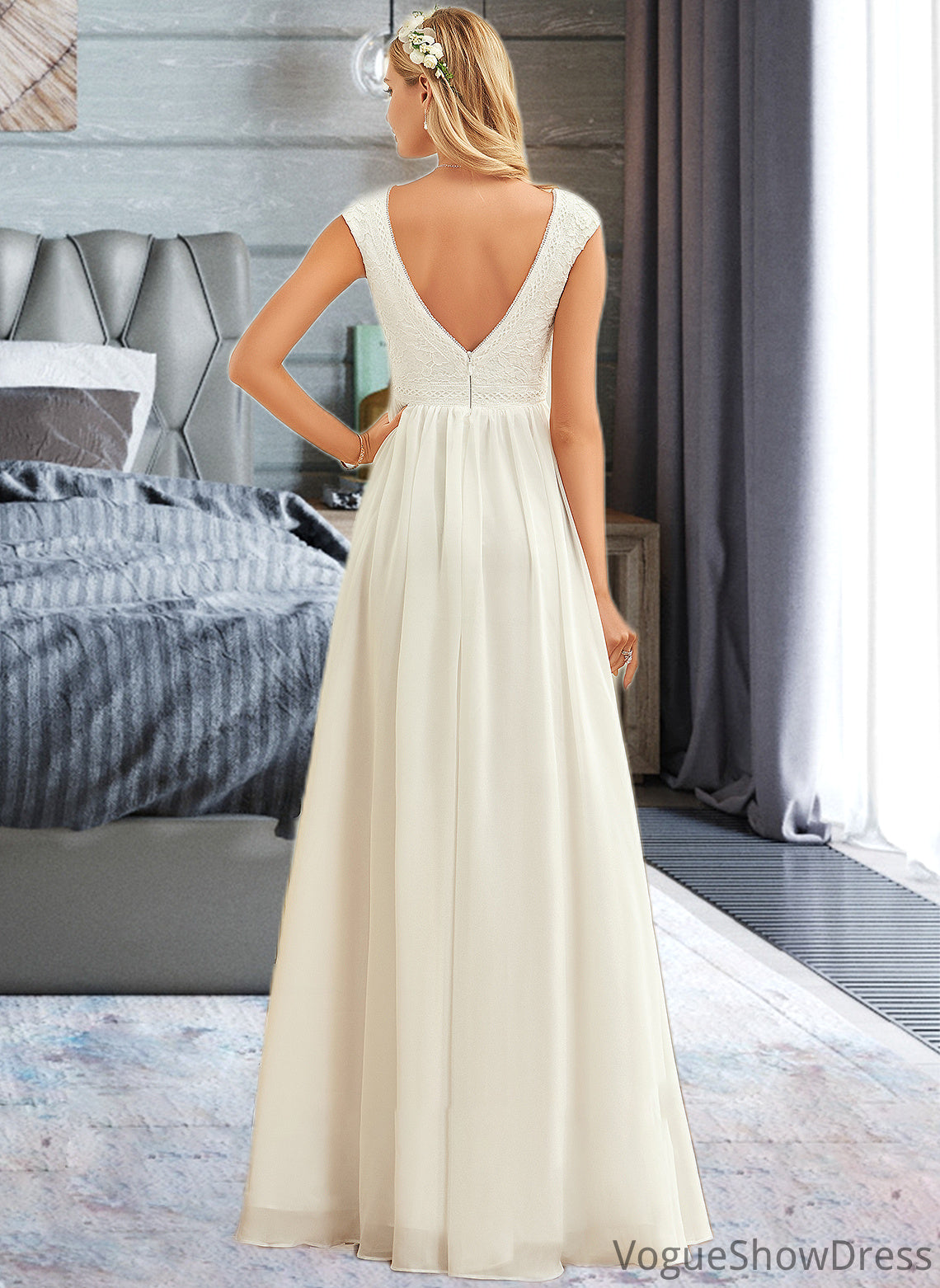 Jaliyah A-Line V-neck Floor-Length Chiffon Lace Wedding Dress DLP0013722