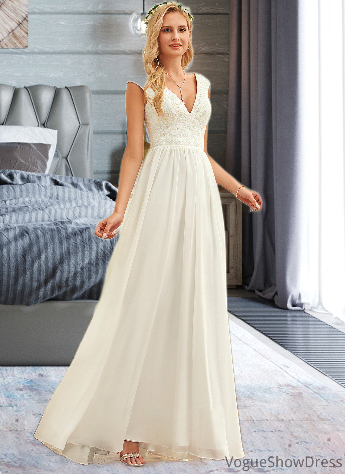 Jaliyah A-Line V-neck Floor-Length Chiffon Lace Wedding Dress DLP0013722