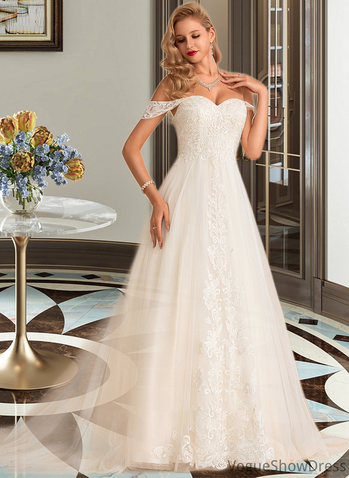 Haylee Ball-Gown/Princess Chapel Train Tulle Lace Wedding Dress With Sequins DLP0013726