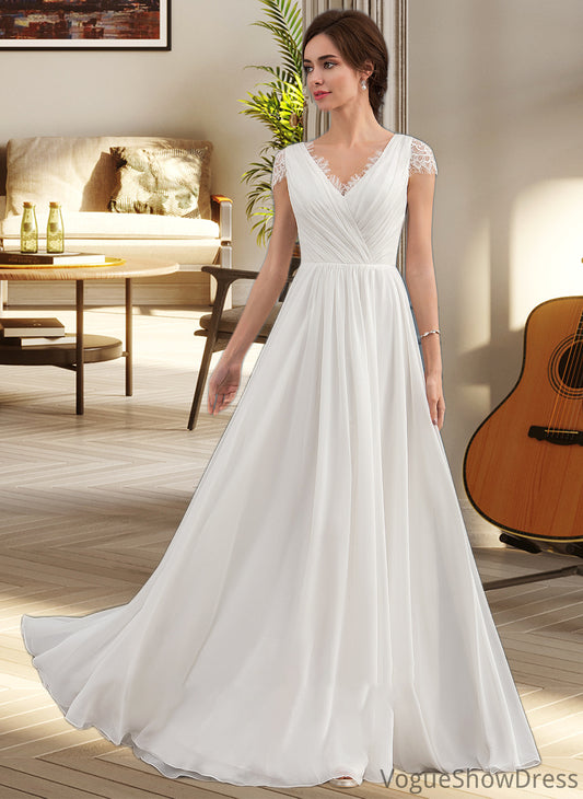 Aileen A-Line V-neck Floor-Length Chiffon Lace Wedding Dress With Ruffle DLP0013729