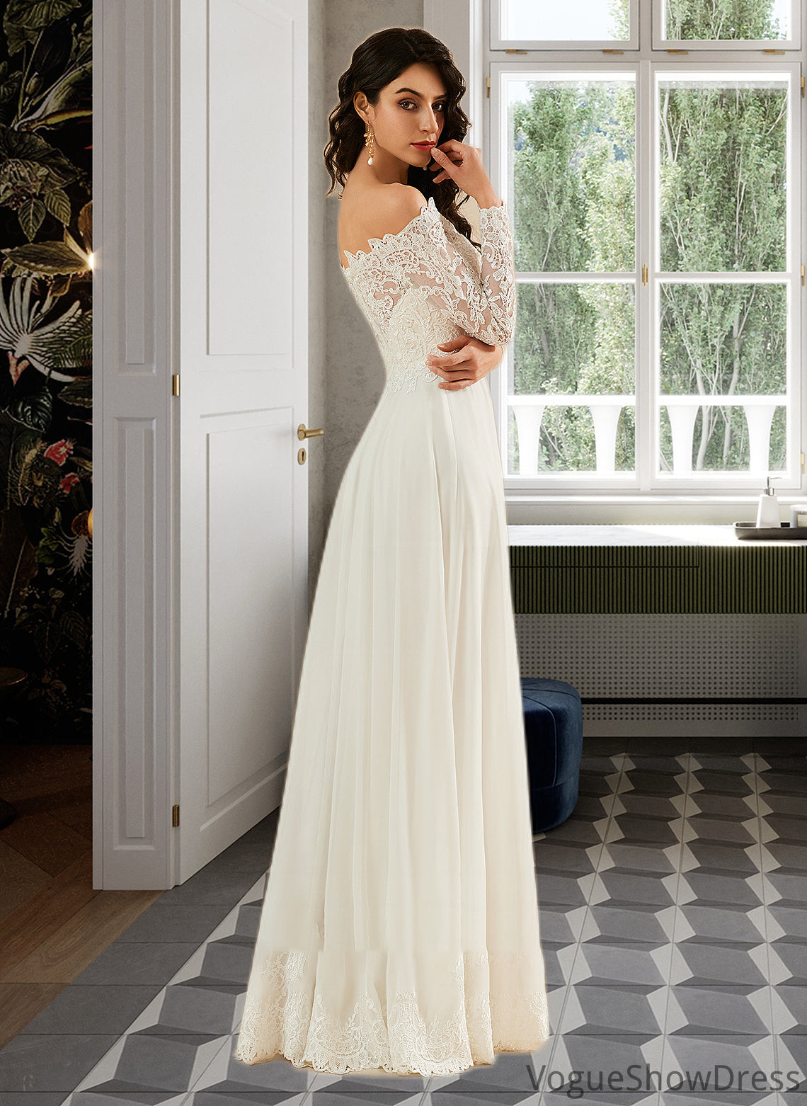 Phoenix A-Line Off-the-Shoulder Sweep Train Wedding Dress With Lace DLP0013734