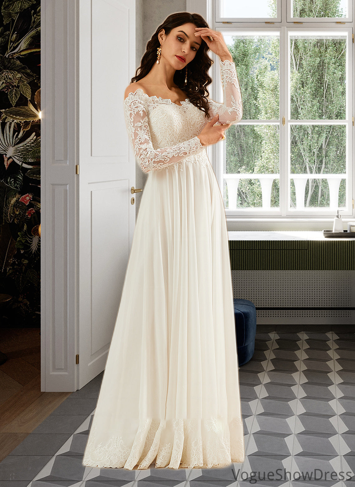 Phoenix A-Line Off-the-Shoulder Sweep Train Wedding Dress With Lace DLP0013734