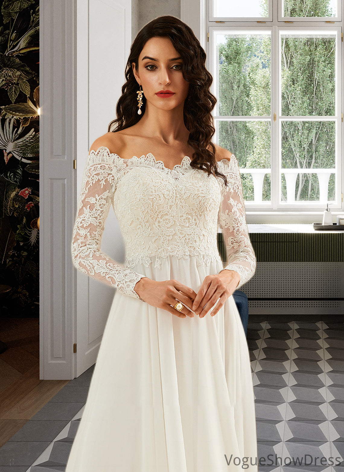 Phoenix A-Line Off-the-Shoulder Sweep Train Wedding Dress With Lace DLP0013734