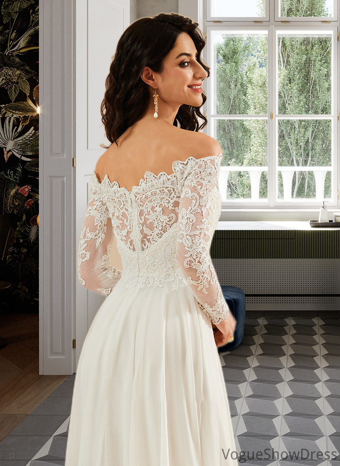 Phoenix A-Line Off-the-Shoulder Sweep Train Wedding Dress With Lace DLP0013734