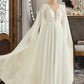 Imani A-Line V-neck Floor-Length Chiffon Lace Wedding Dress With Sequins DLP0013736